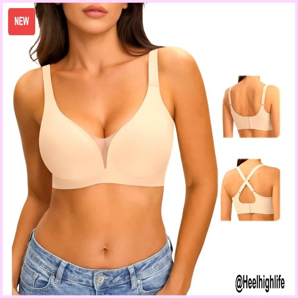 Wireless Push Up Bra Seamless Tshirt Bra with V Mesh Supportive Jelly